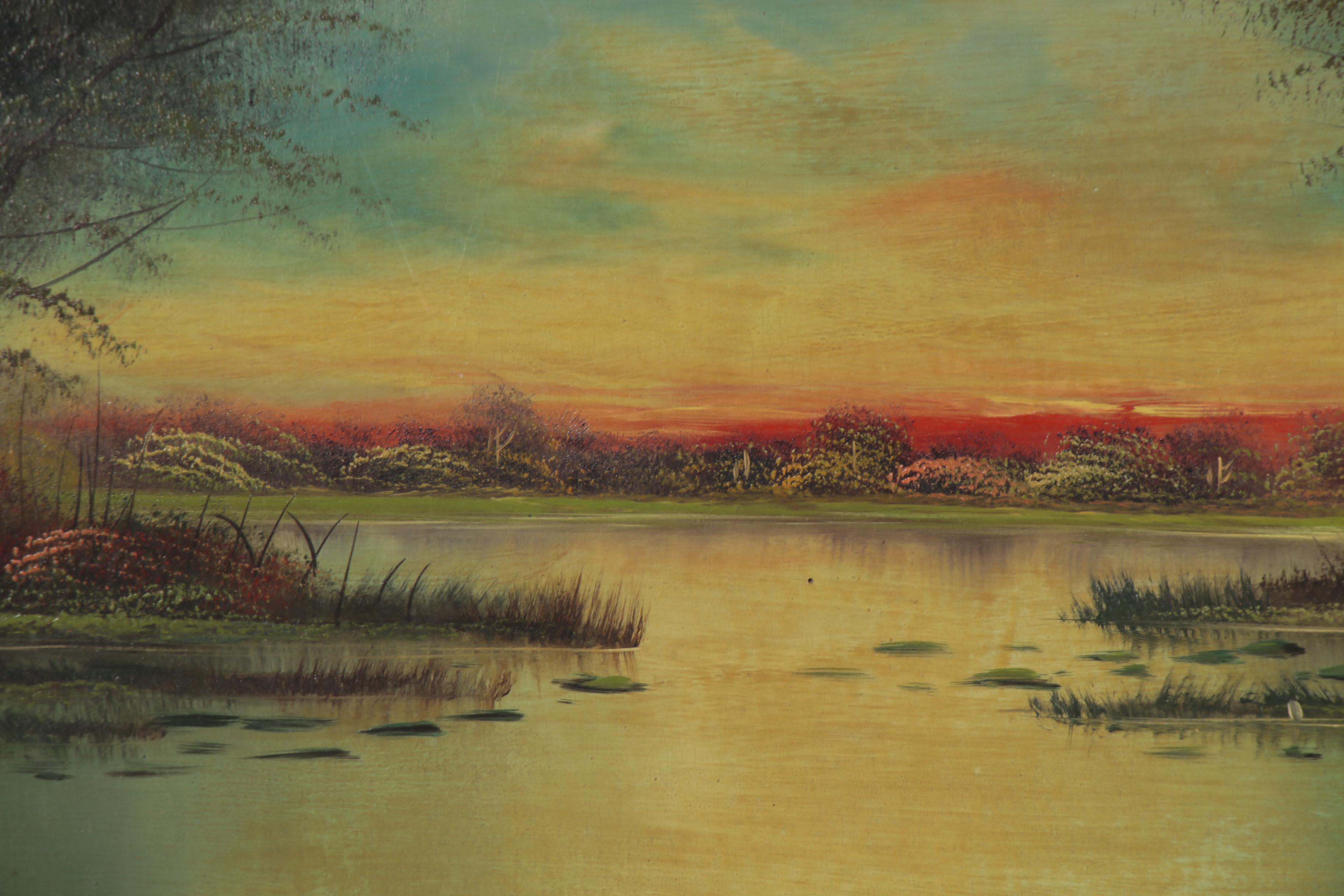 H.L. Herley Landscape Oil Painting of Lake at Sunset, Early 20th Century