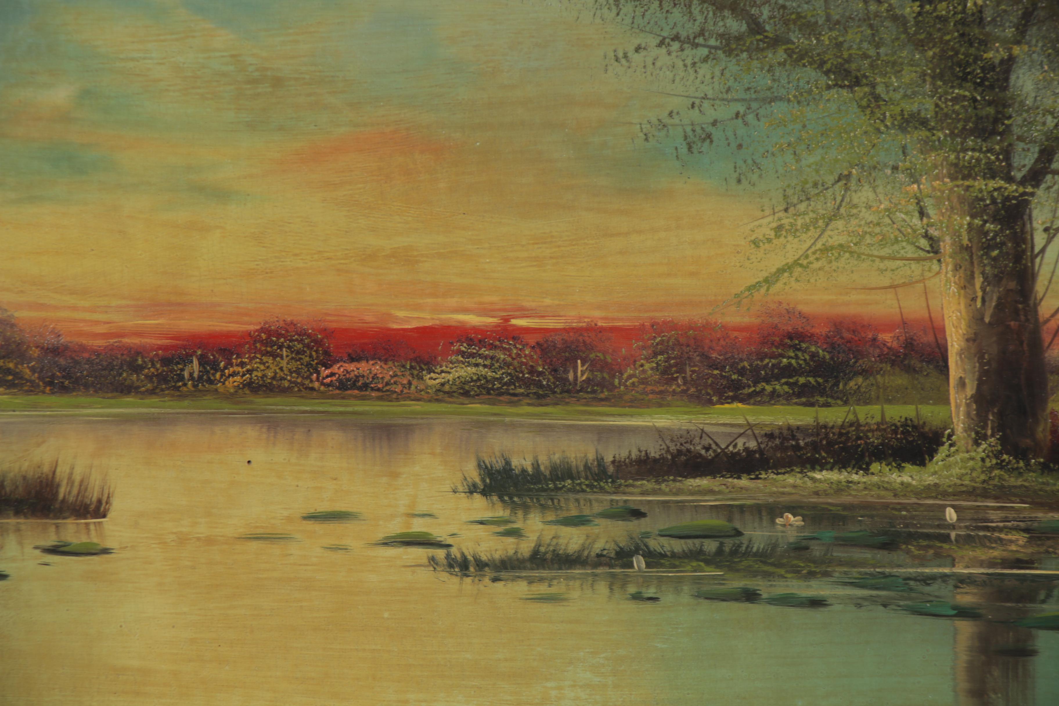 H.L. Herley Landscape Oil Painting of Lake at Sunset, Early 20th Century