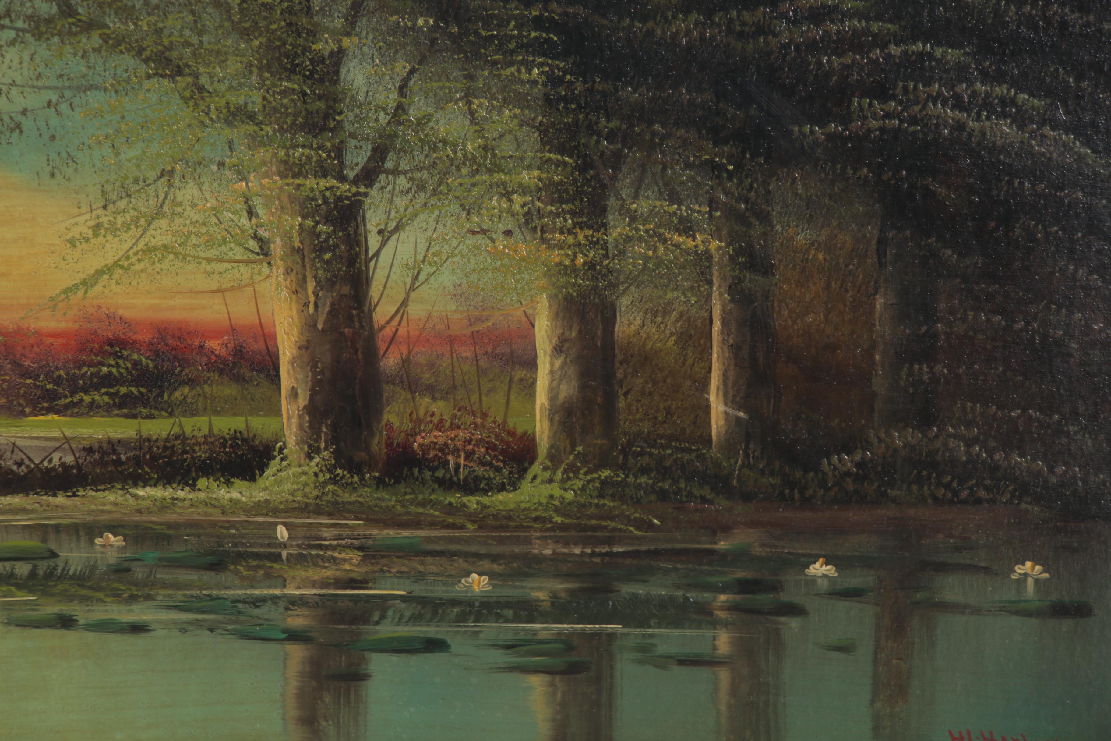 H.L. Herley Landscape Oil Painting of Lake at Sunset, Early 20th Century