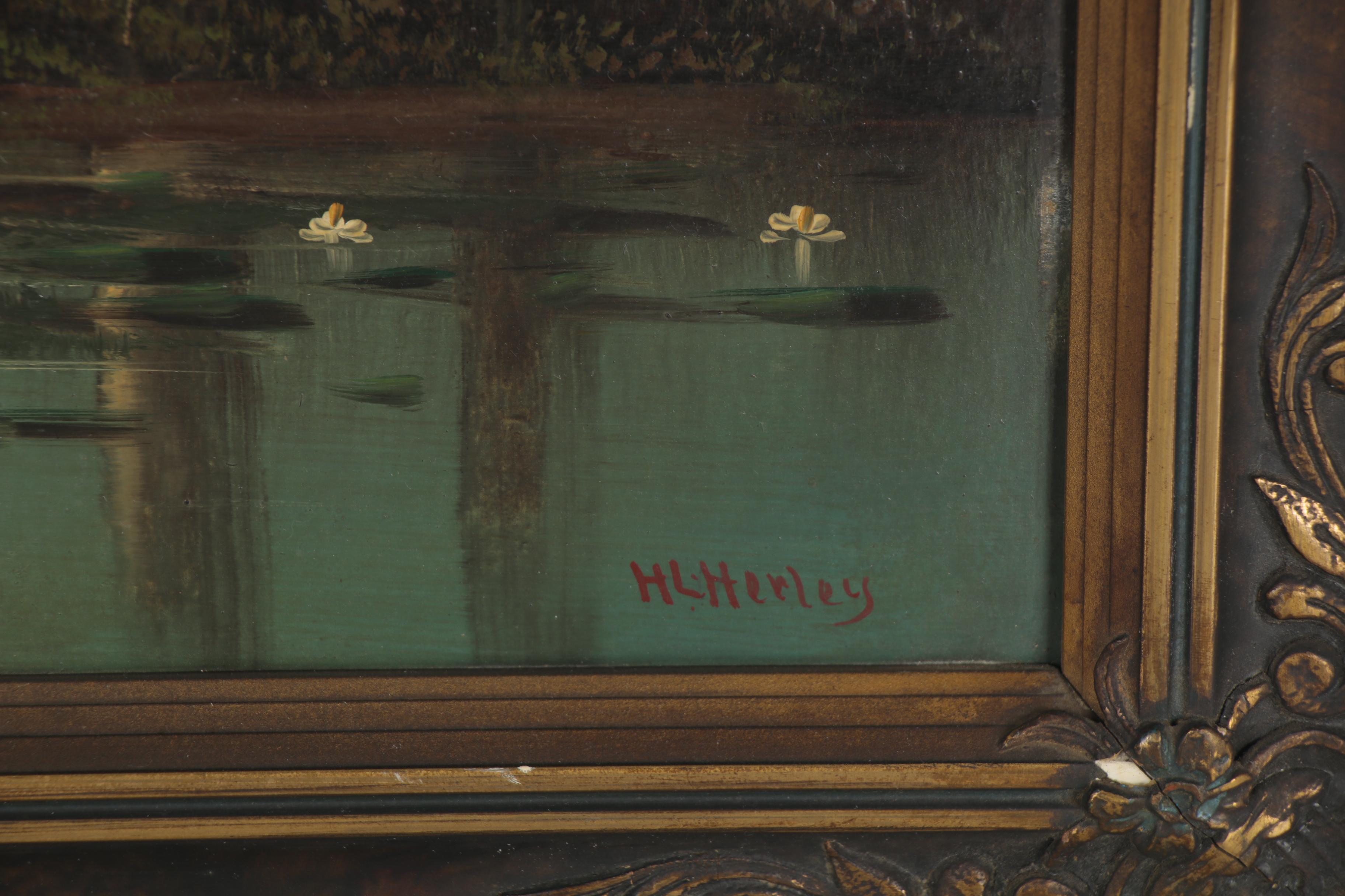 H.L. Herley Landscape Oil Painting of Lake at Sunset, Early 20th Century