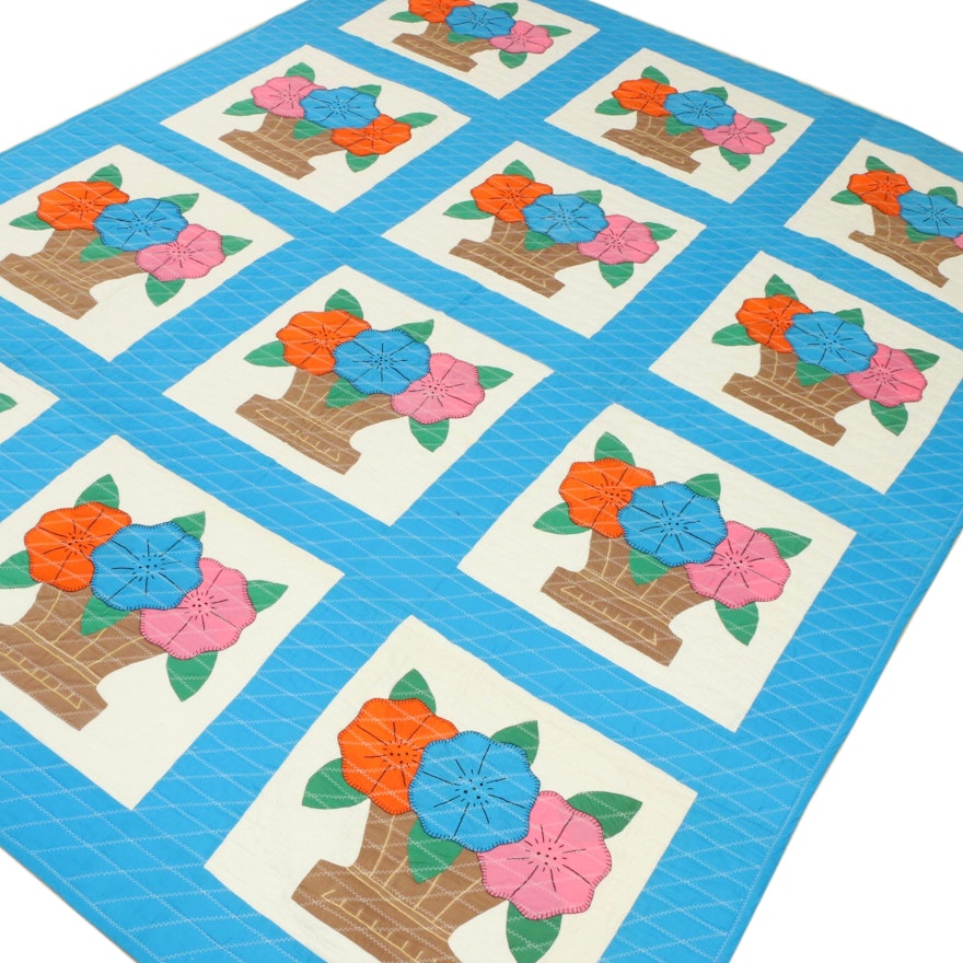Handcrafted Floral Basket Appliqué Quilt, Late 20th Century