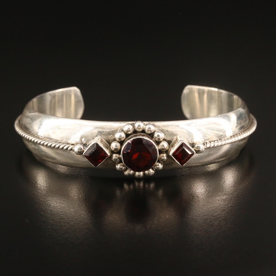 Sterling Silver Garnet Cuff with Rope Detailing