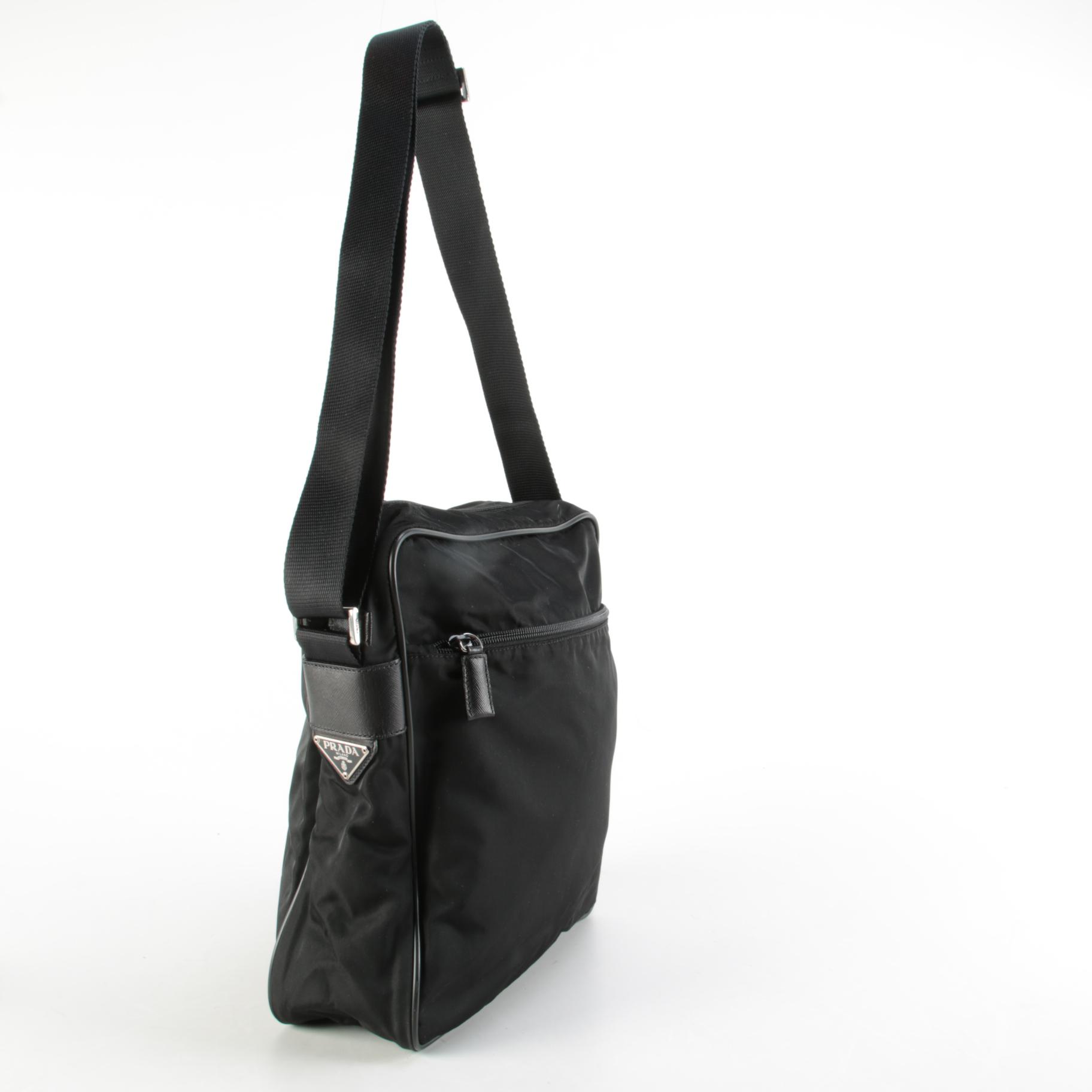 Prada Tessuto Black Nylon Messenger Bag with Canvas Strap