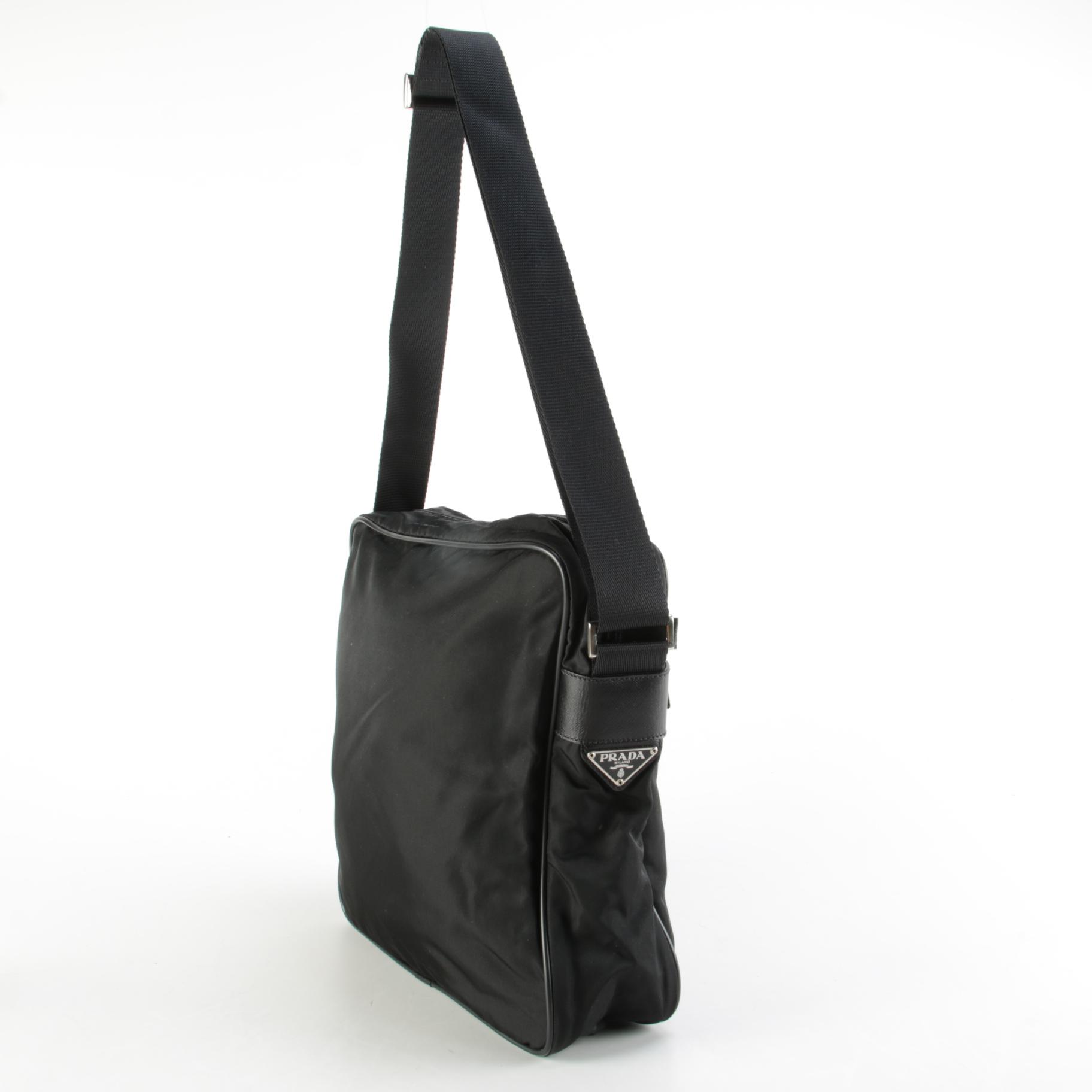 Prada Tessuto Black Nylon Messenger Bag with Canvas Strap
