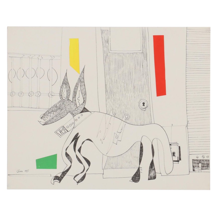 Eduardo Oliva Surrealist Style Ink Drawing with Paper Collage of Dog, 1985