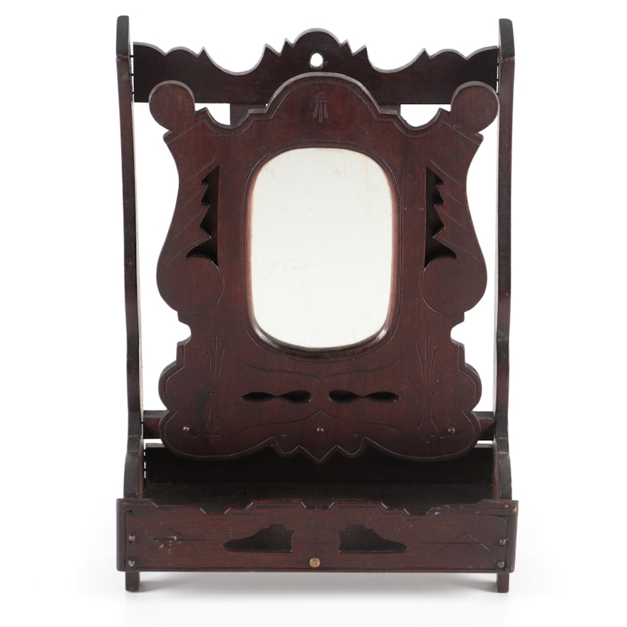 Folk Art Carved and Incised Walnut Shaving Mirror, Late 19th/Early 20th Century