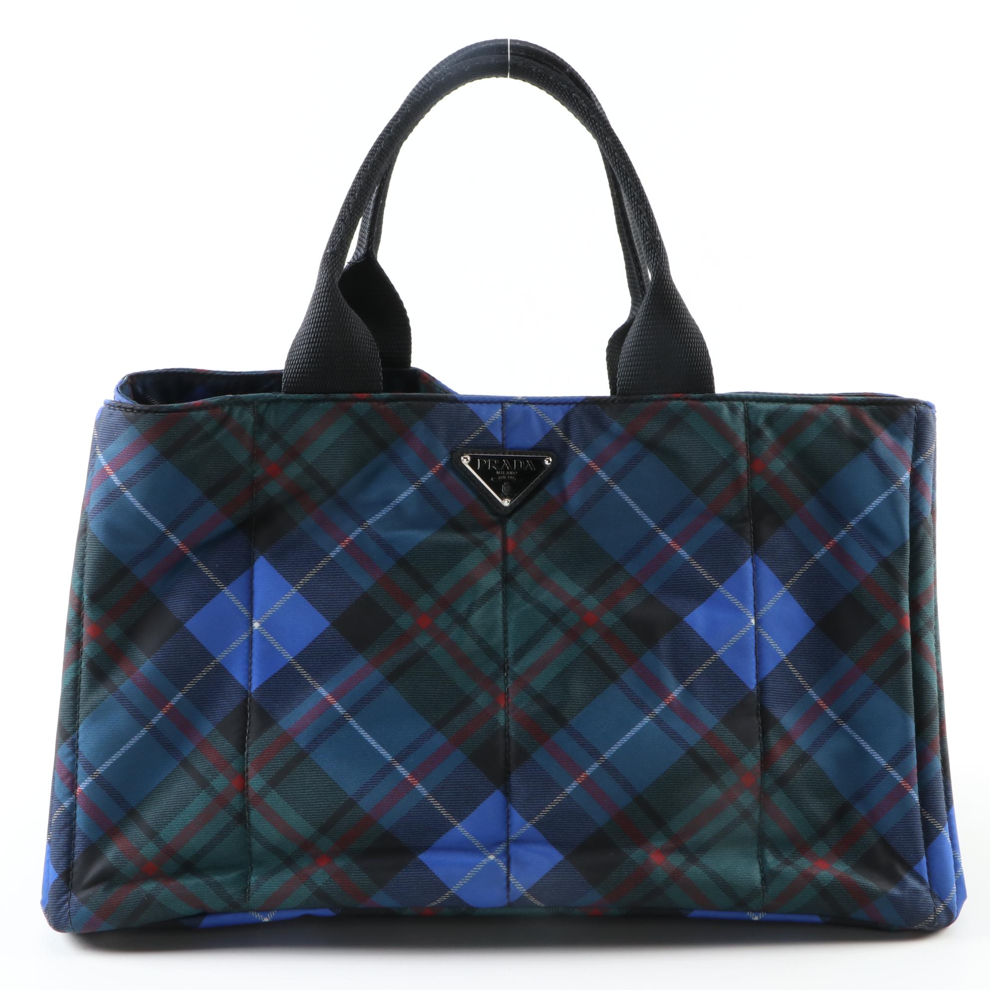 Prada Tartan Plaid Tessuto Nylon Tote Bag