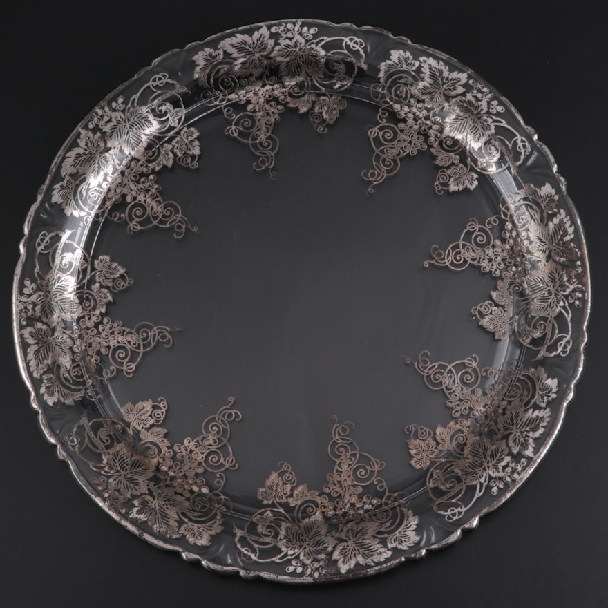 Glass Serving Plate with Painted Silver Grape Overlay, Mid-20th Century