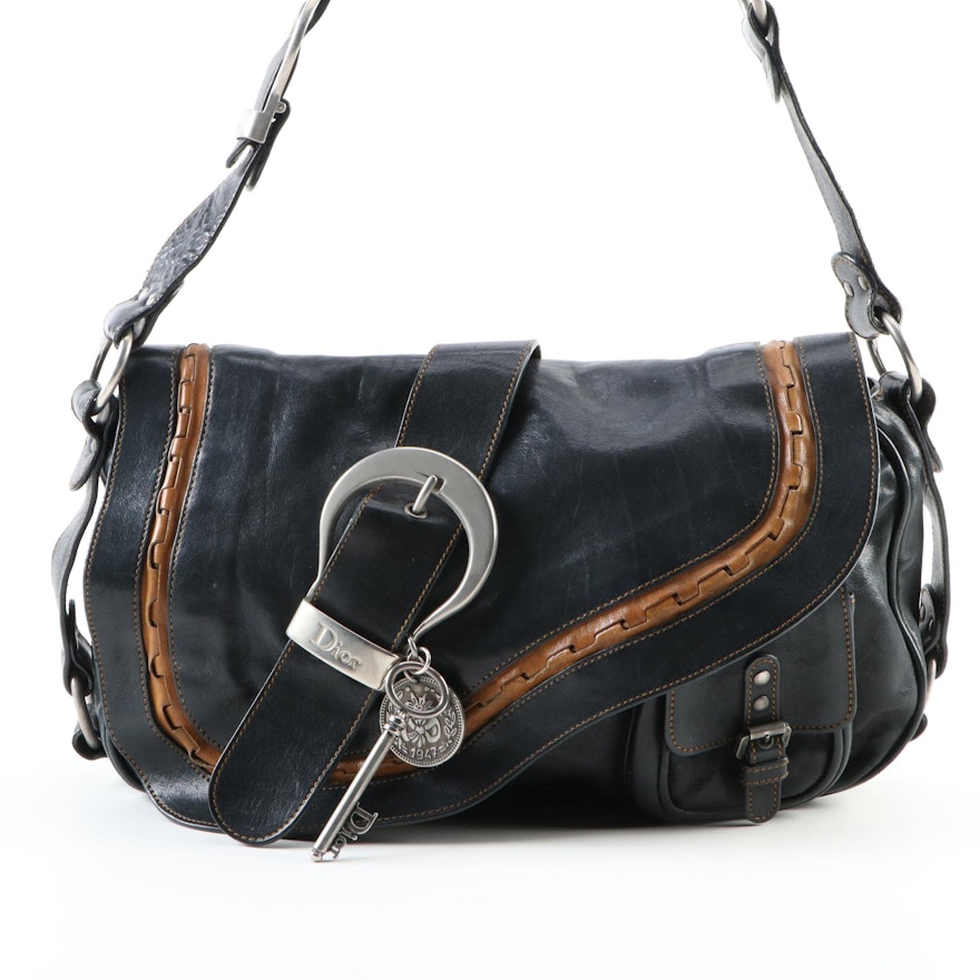 Christian Dior Gaucho Black Leather Saddle Bag with Contrast Stitching