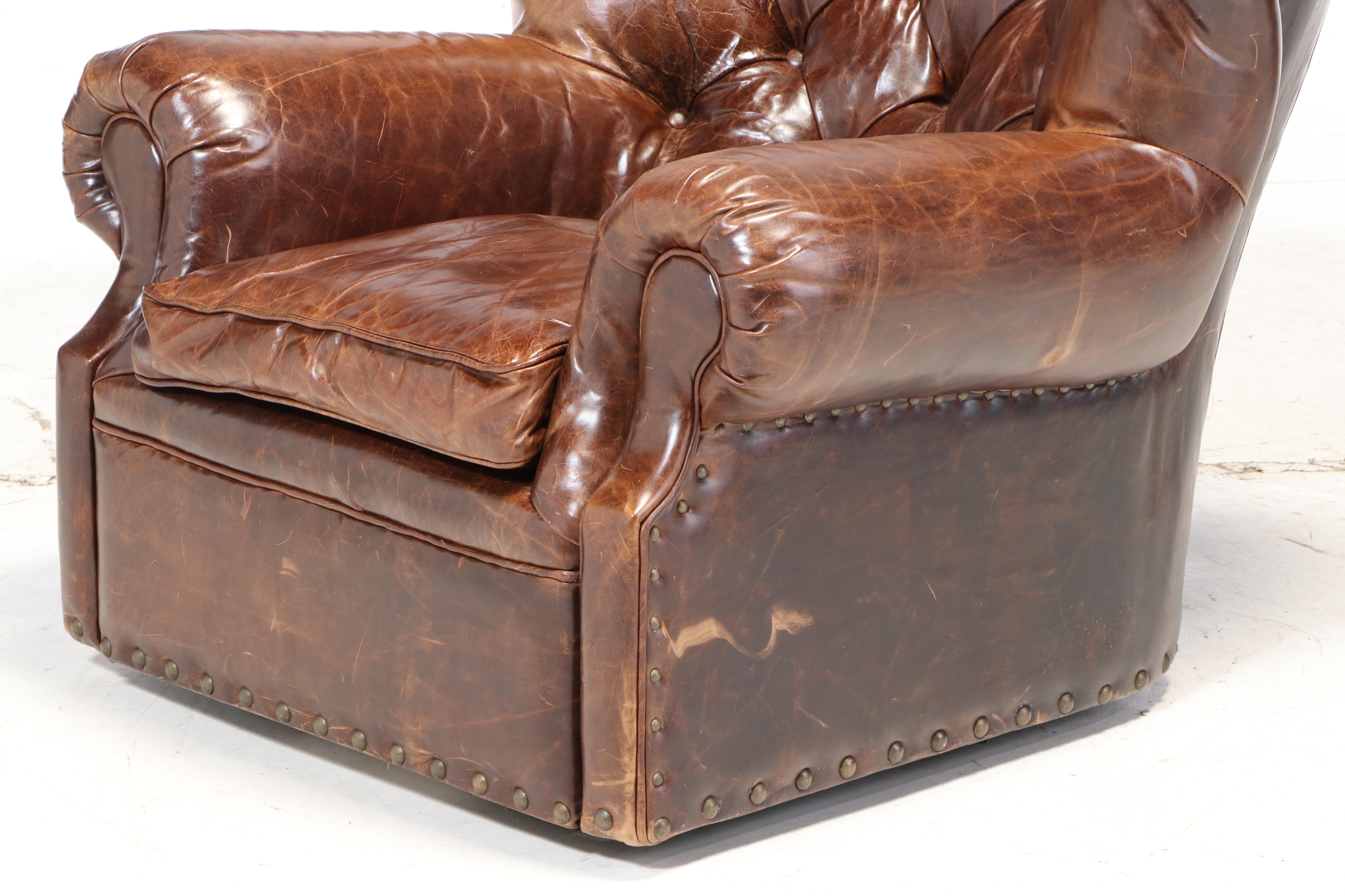 Restoration Hardware "Churchill" Leather Button Tufted Swivel Wingback Armchair