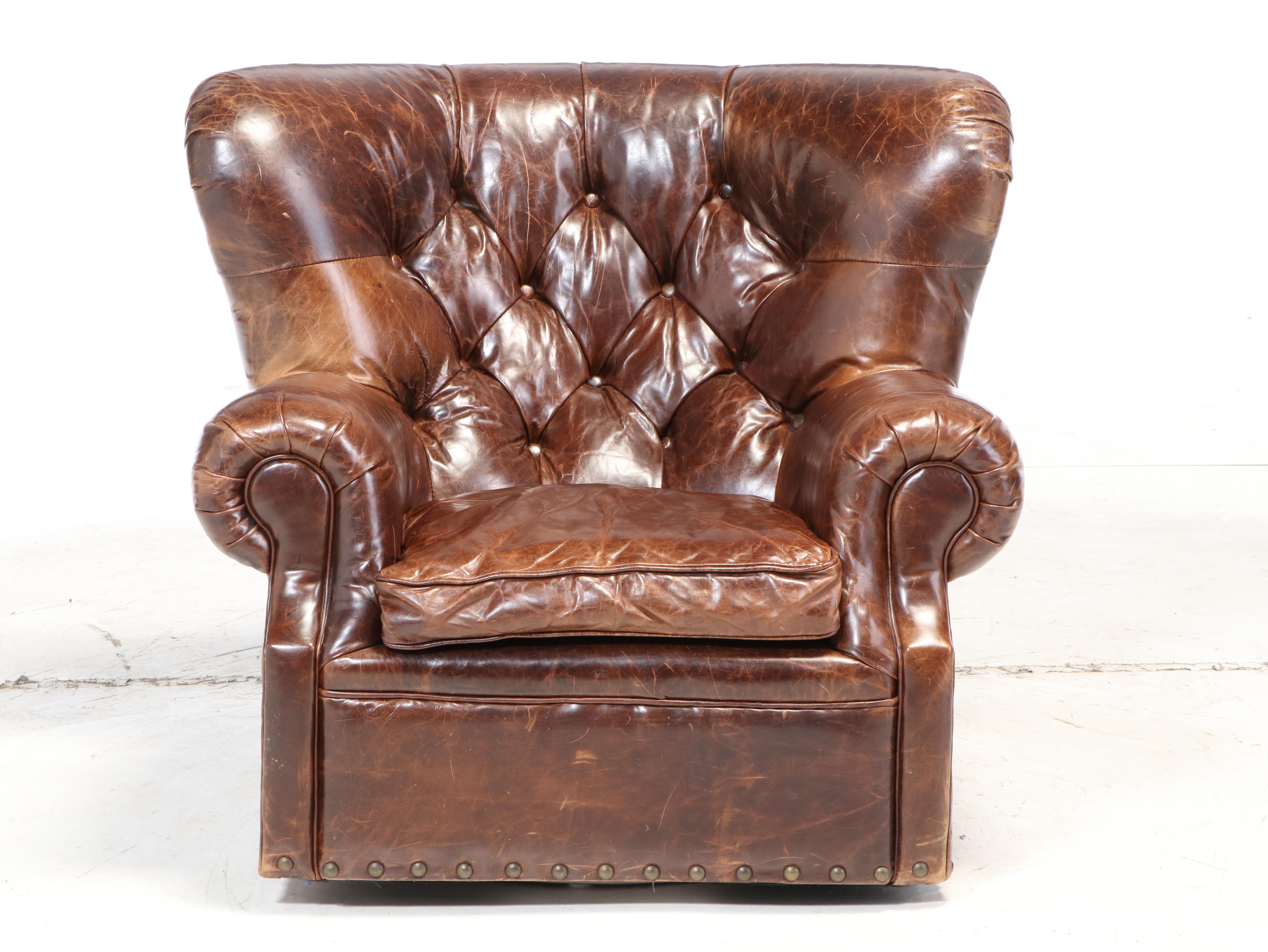 Restoration Hardware "Churchill" Leather Button Tufted Swivel Wingback Armchair