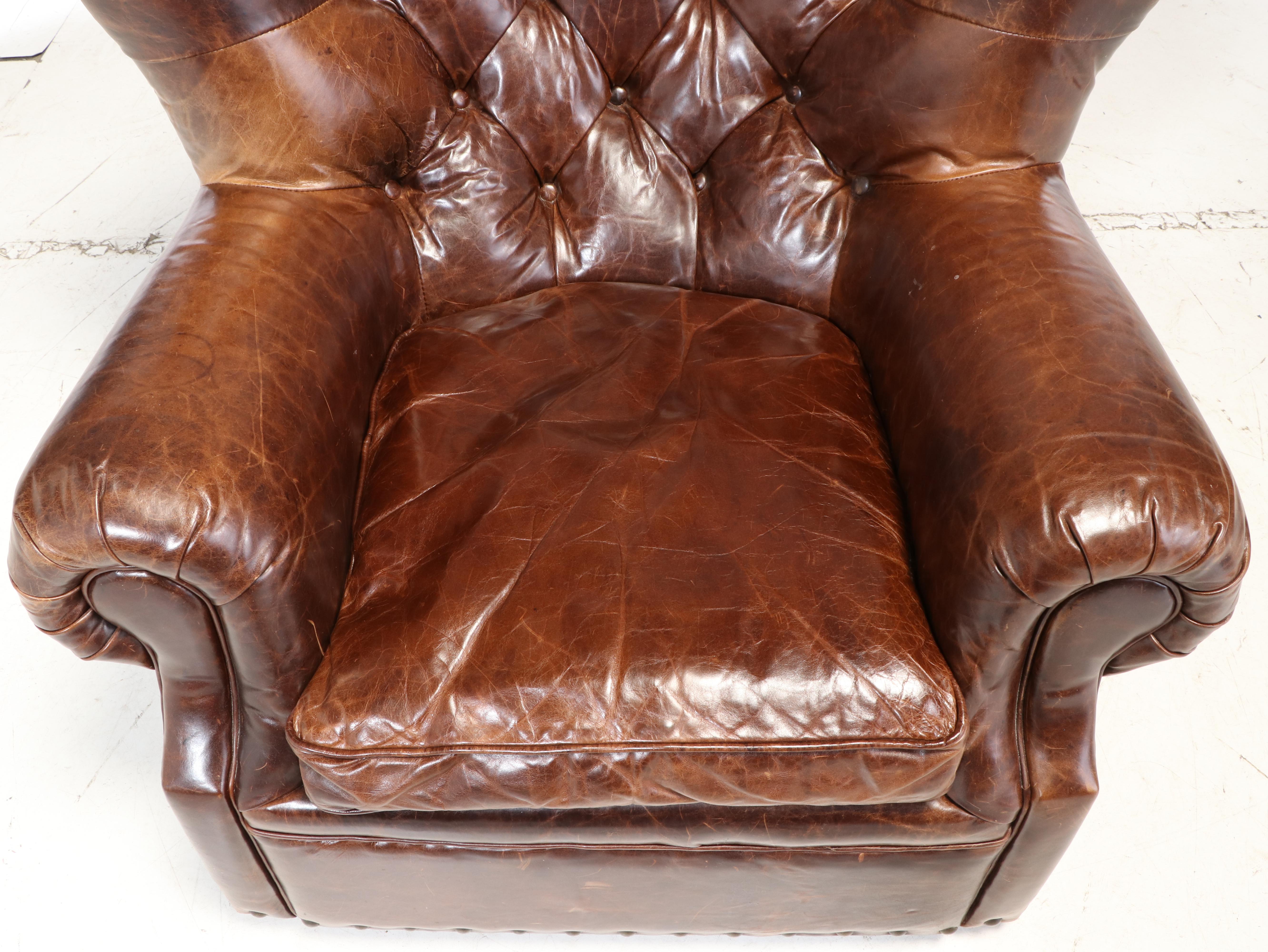 Restoration Hardware "Churchill" Leather Button Tufted Swivel Wingback Armchair