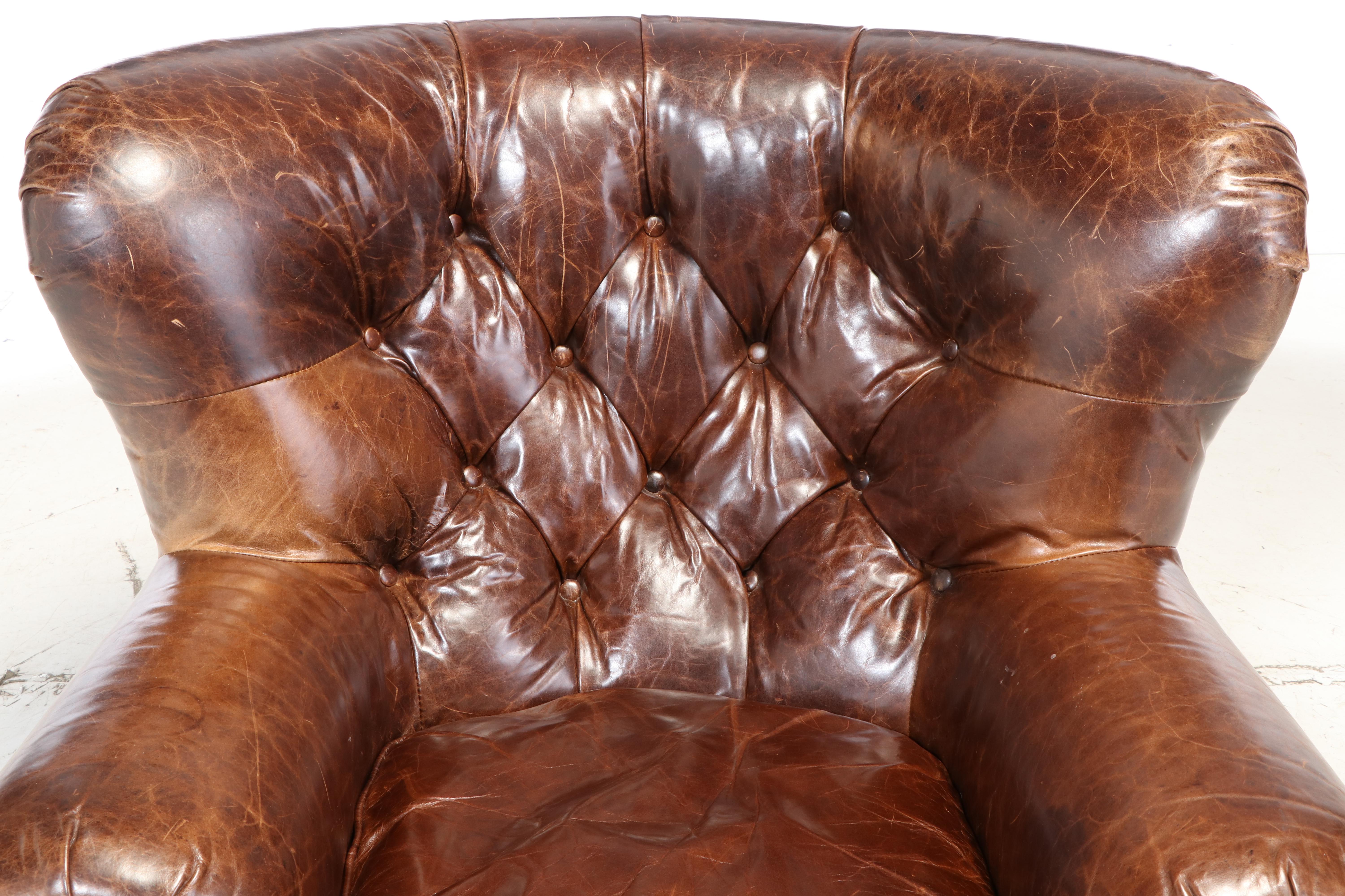 Restoration Hardware "Churchill" Leather Button Tufted Swivel Wingback Armchair
