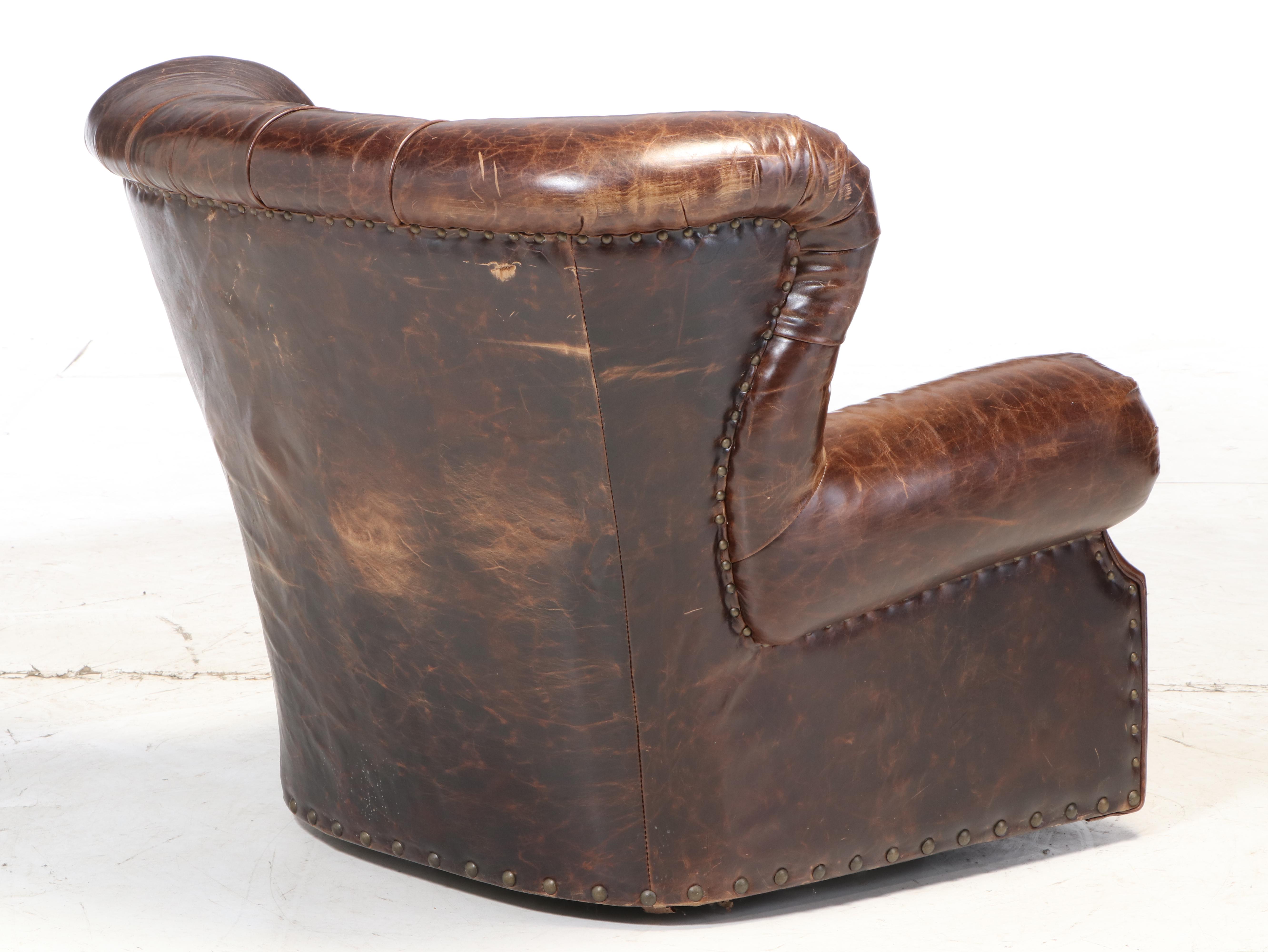 Restoration Hardware "Churchill" Leather Button Tufted Swivel Wingback Armchair