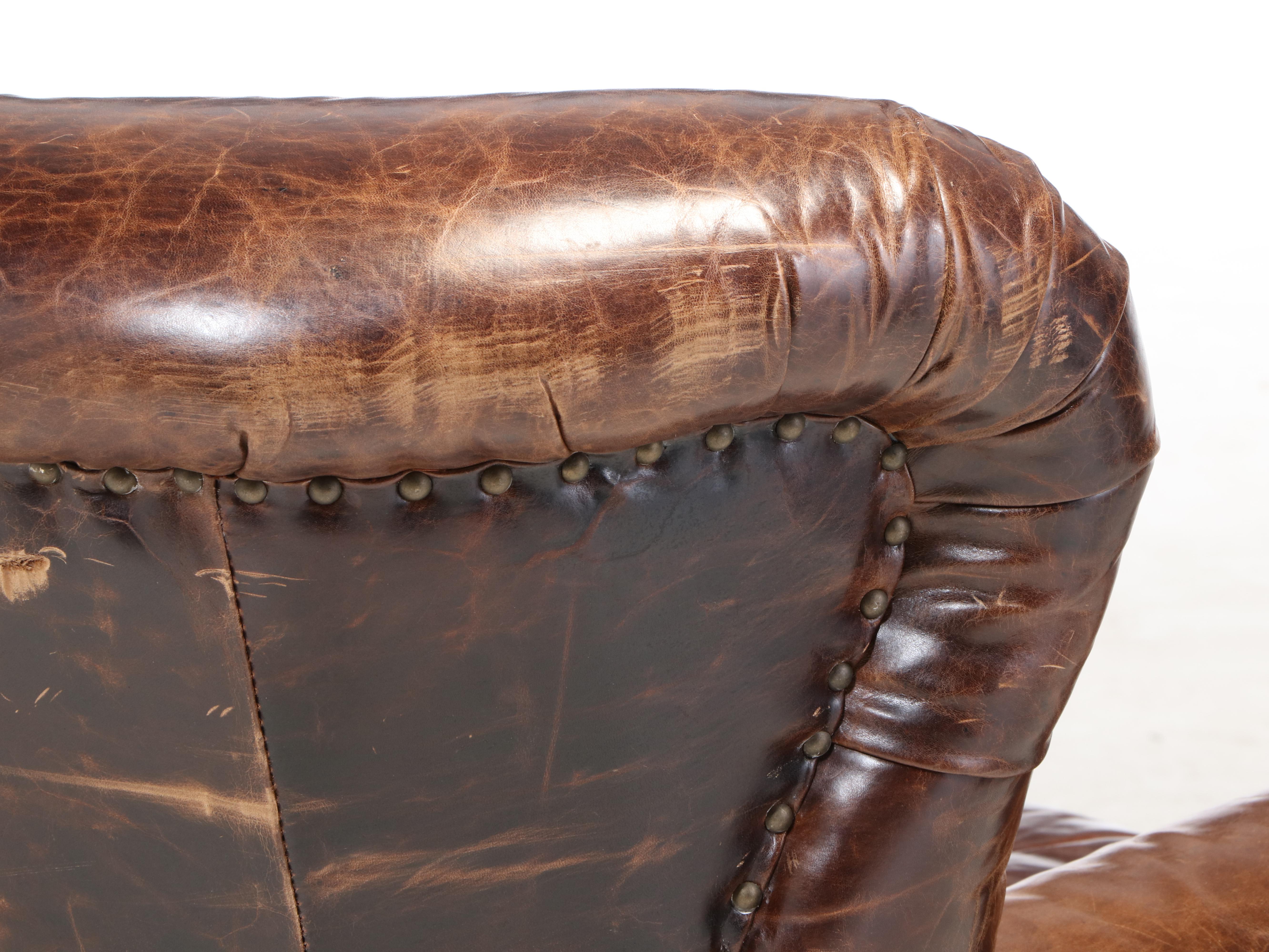 Restoration Hardware "Churchill" Leather Button Tufted Swivel Wingback Armchair