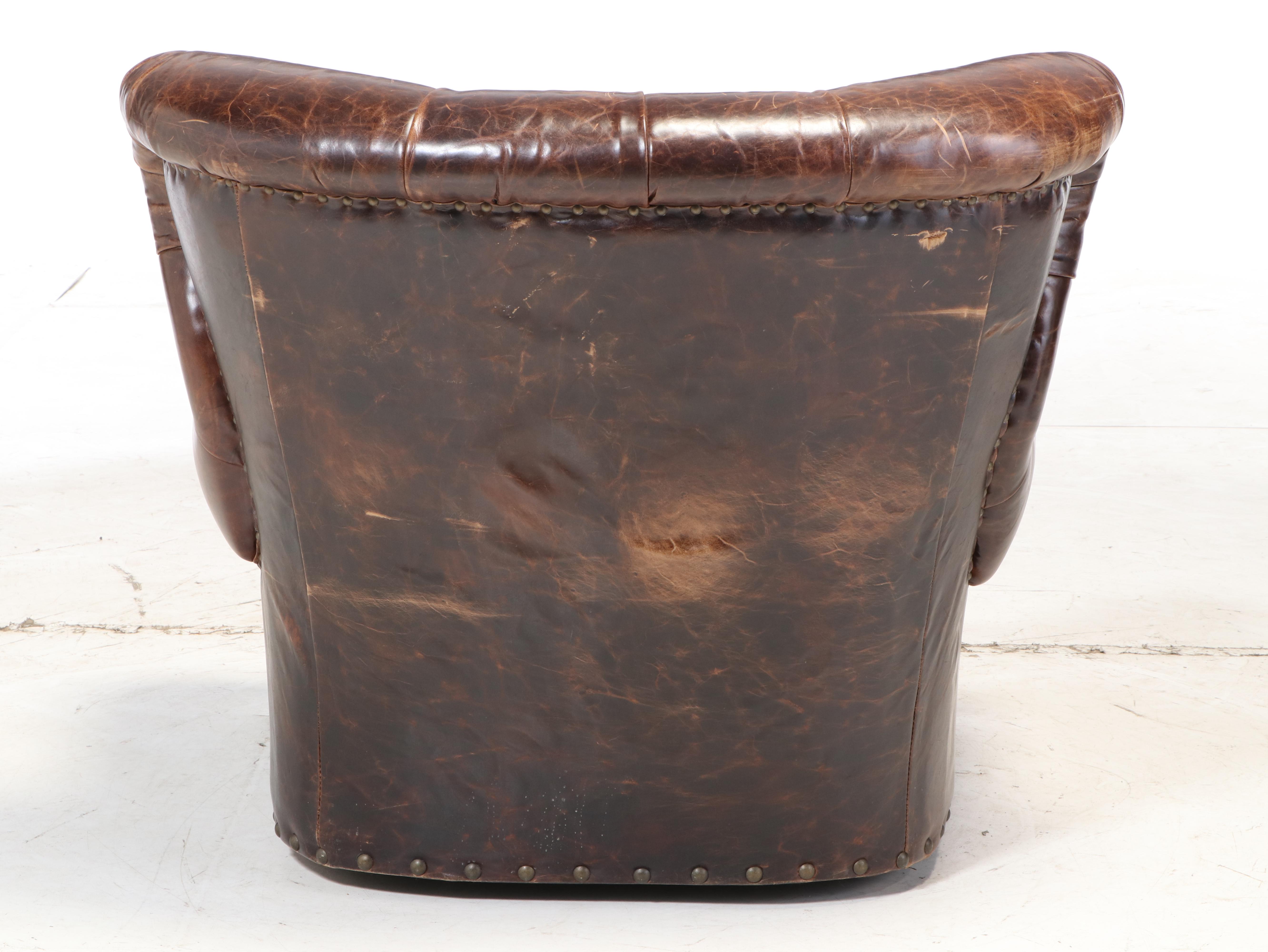 Restoration Hardware "Churchill" Leather Button Tufted Swivel Wingback Armchair