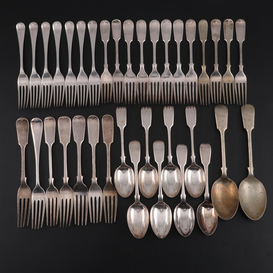 Elkington And Other English Fiddle Handled Silver Plate Flatware