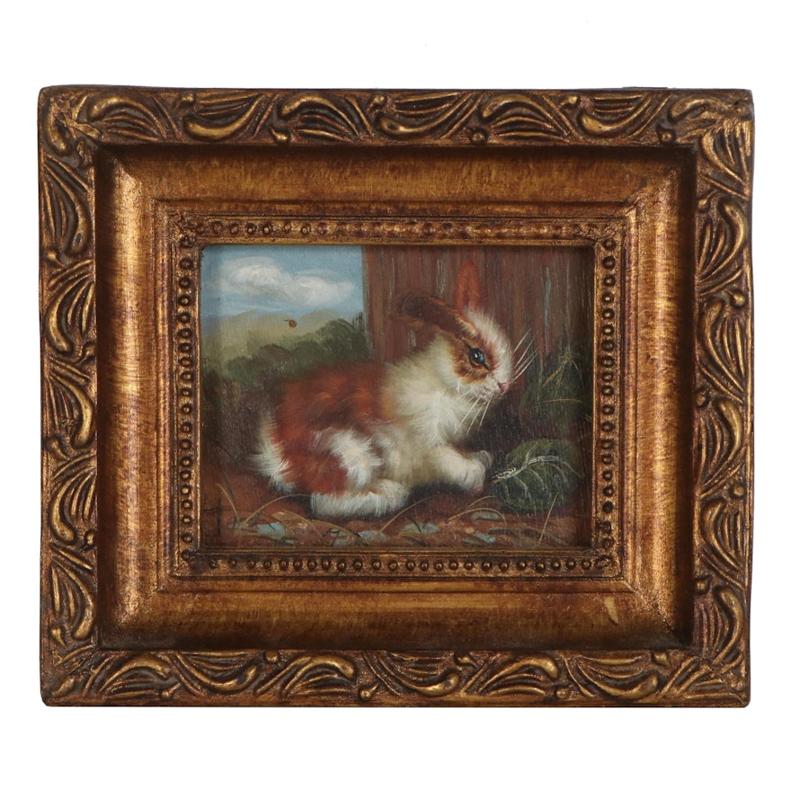 Miniature Oil Painting of Rabbit Among Grass