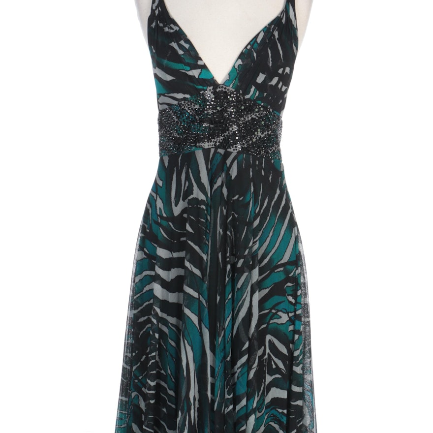 Alberto Makali Printed Mesh Overlay Silk Sleeveless Dress with Matching Scarf