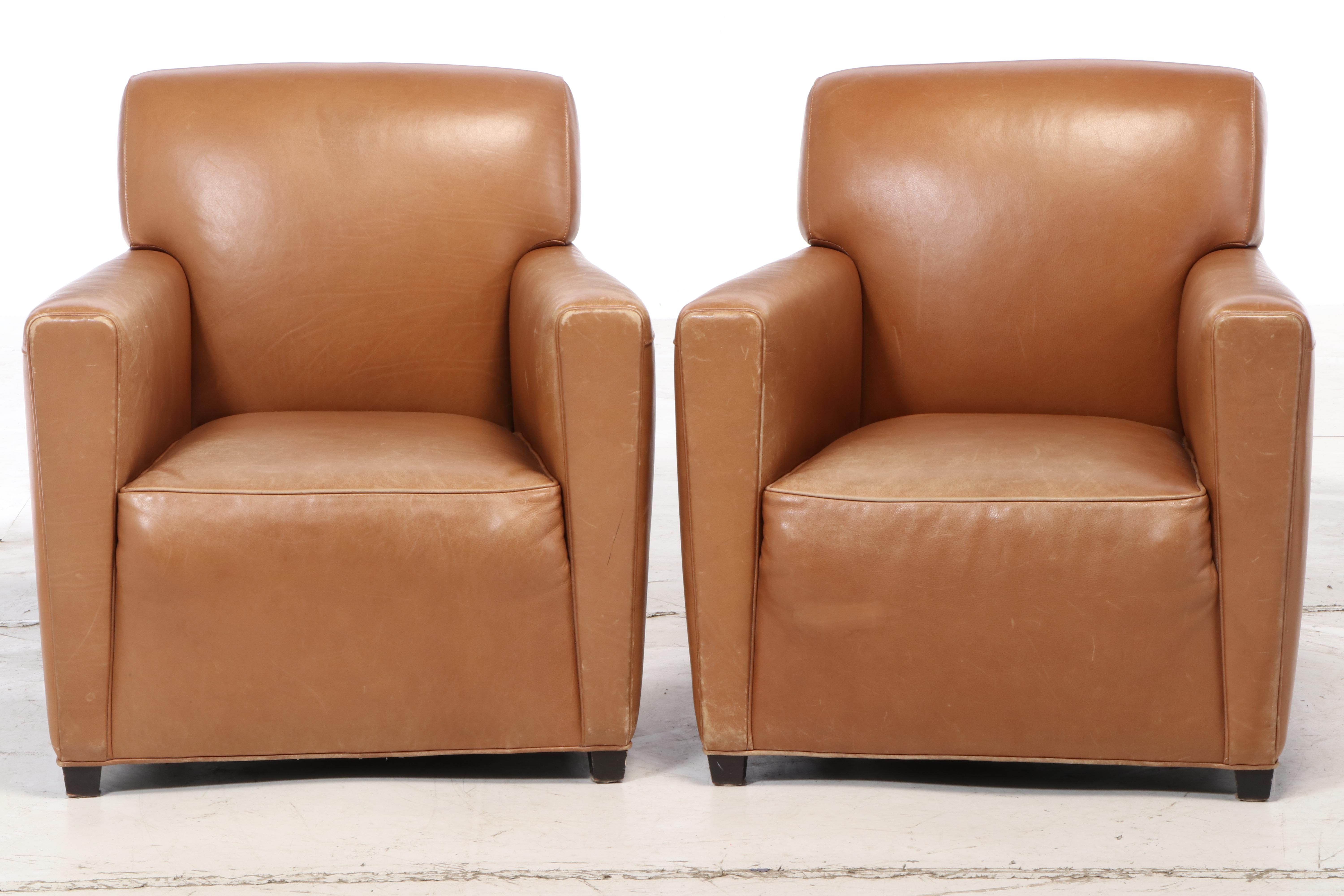 Coach for Baker Furniture Art Deco Style Leather Club Chairs, Late 20th Century