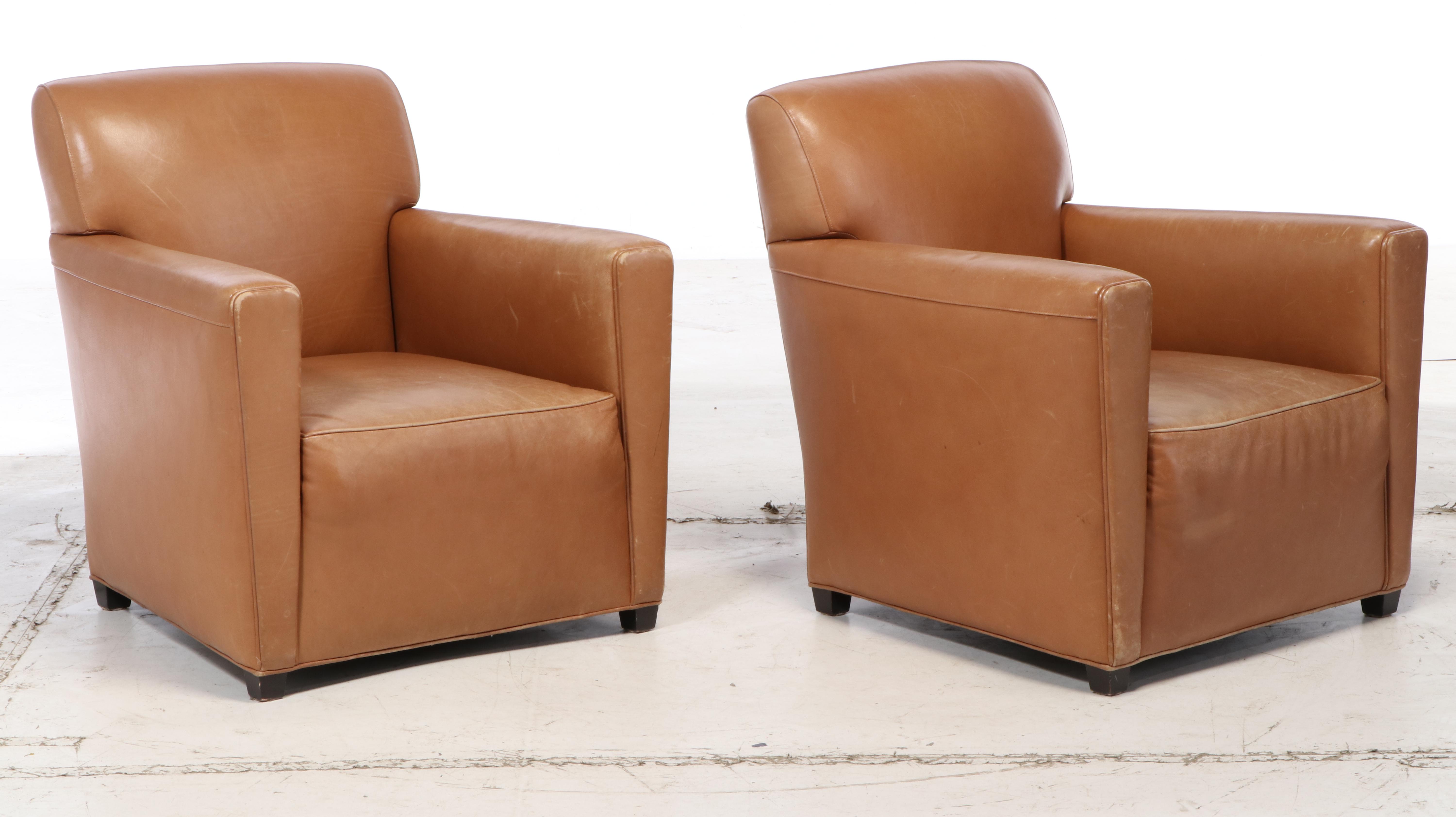 Coach for Baker Furniture Art Deco Style Leather Club Chairs, Late 20th Century