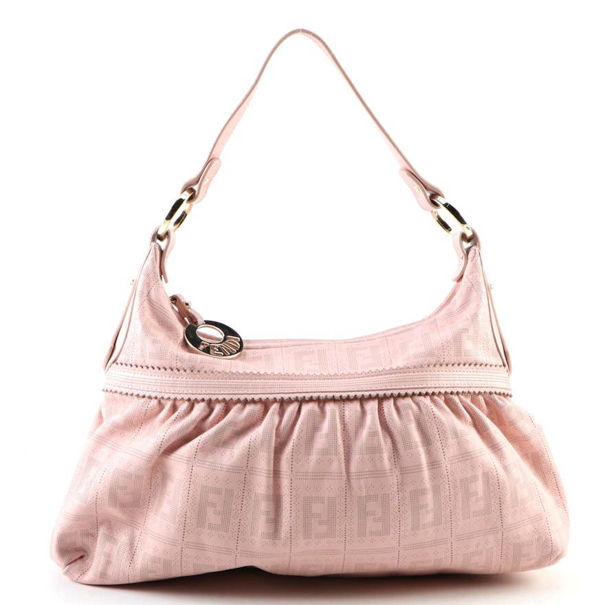 Fendi Large Chef Shoulder Bag in Zucca Perforated Blush Pink Leather