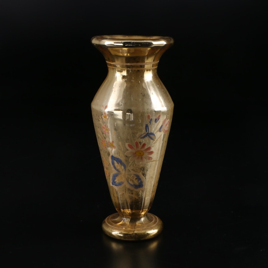 English Victorian Hand-Painted Gold Mercury Glass Vase, Mid to Late 19th Century