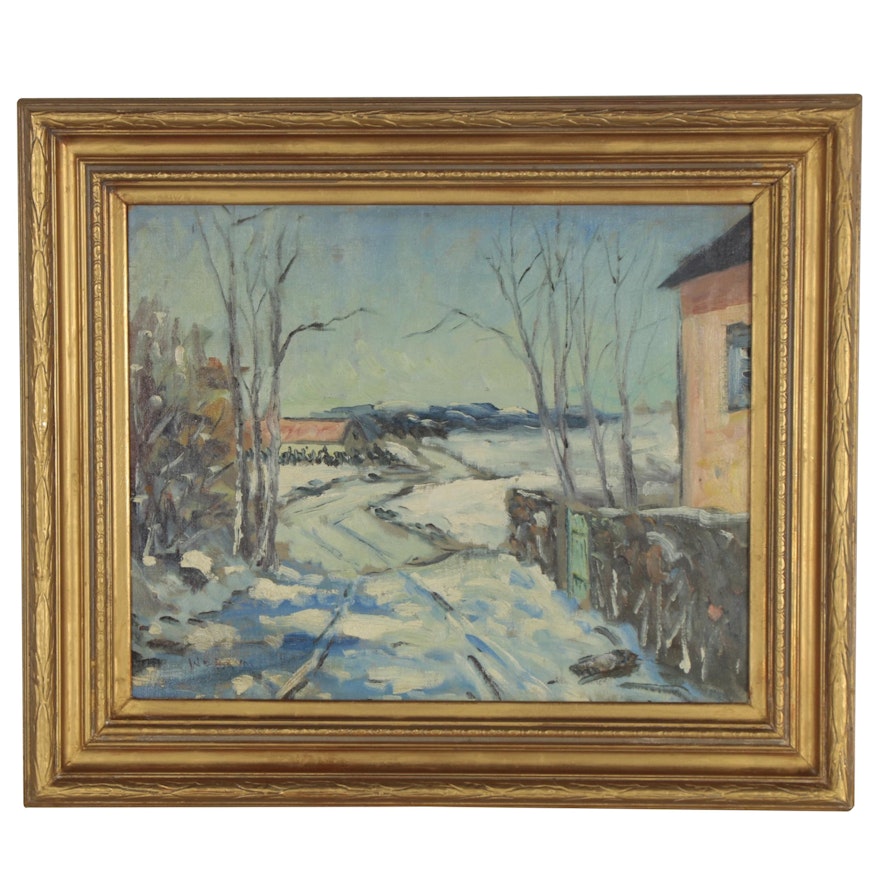 Walter Emerson Baum Oil Painting of Snowy Winter Scene, Mid-20th Century