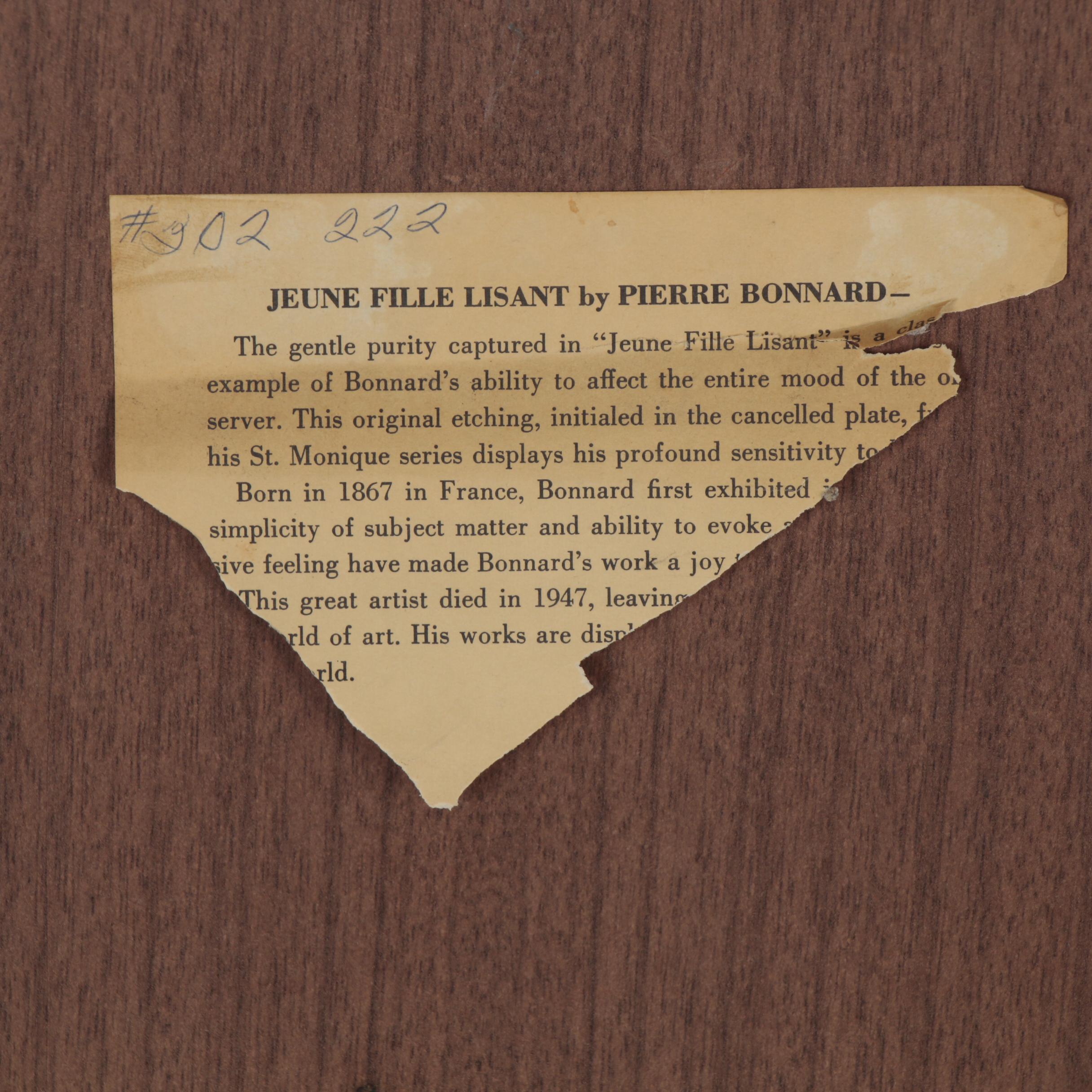 Pierre Bonnard Restrike Etching "Jeune Fille Lisant"