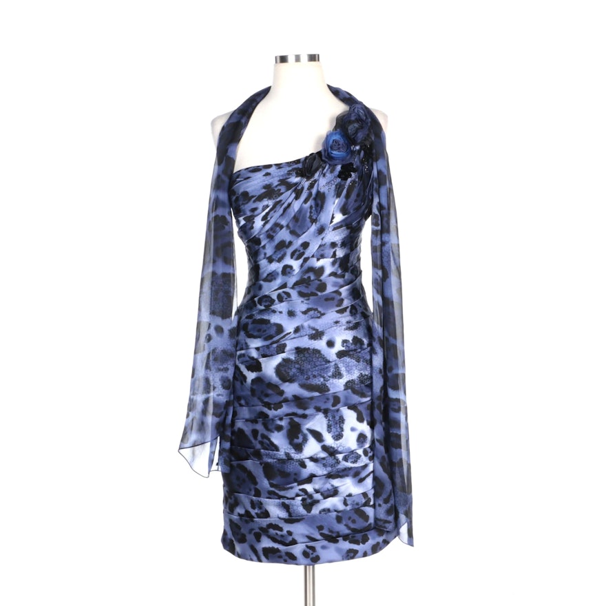Alberto Makali Animal Print Blue Silk One-Shoulder Cocktail Dress with Wrap