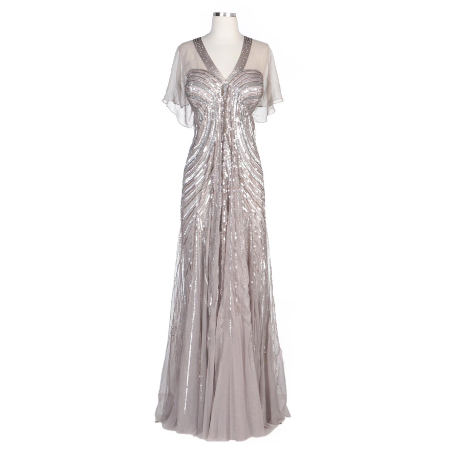 Alberto Makali Taupe and Metallic Sequined V-Neck Evening Gown