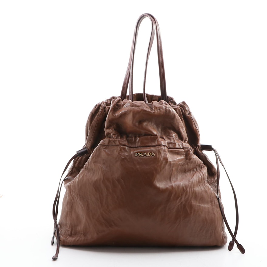 Prada Brown Leather Drawstring Tote Bag