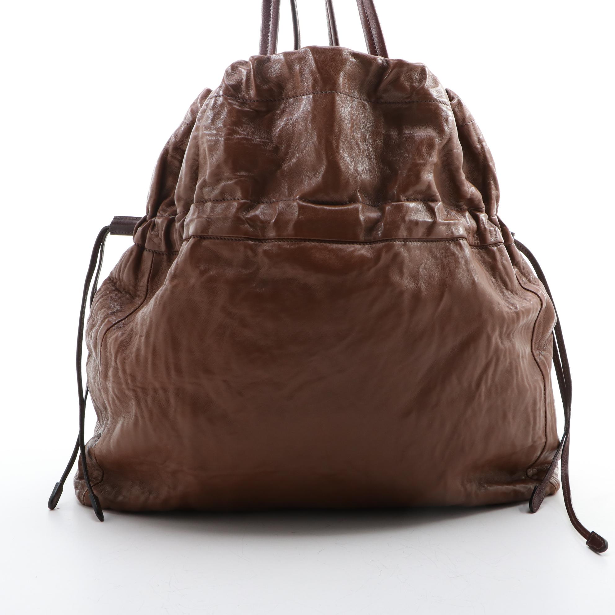 Prada Brown Leather Drawstring Tote Bag