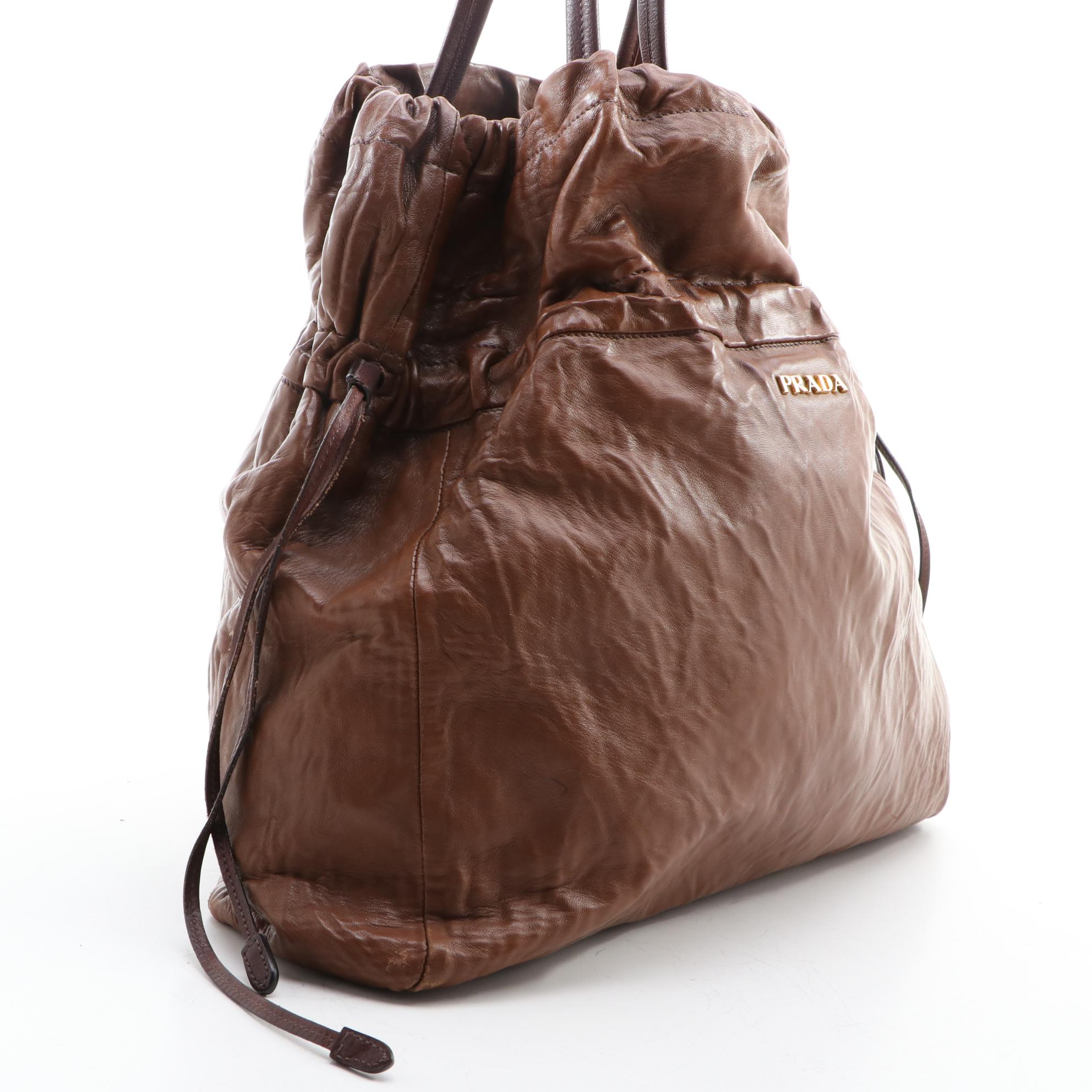 Prada Brown Leather Drawstring Tote Bag