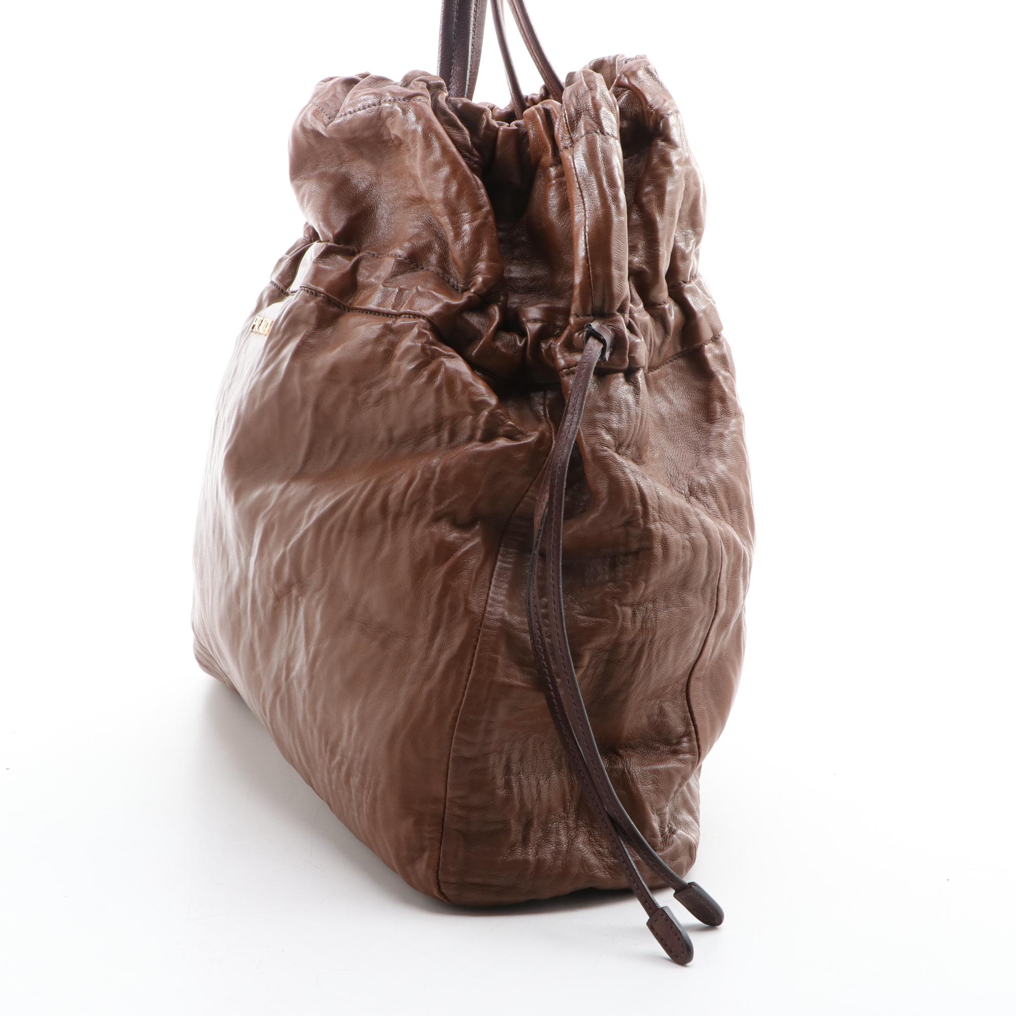 Prada Brown Leather Drawstring Tote Bag