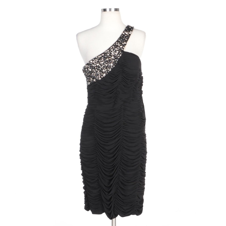 Alberto Makali One-Shoulder Black Ruched Cocktail Dress with Beaded Neckline