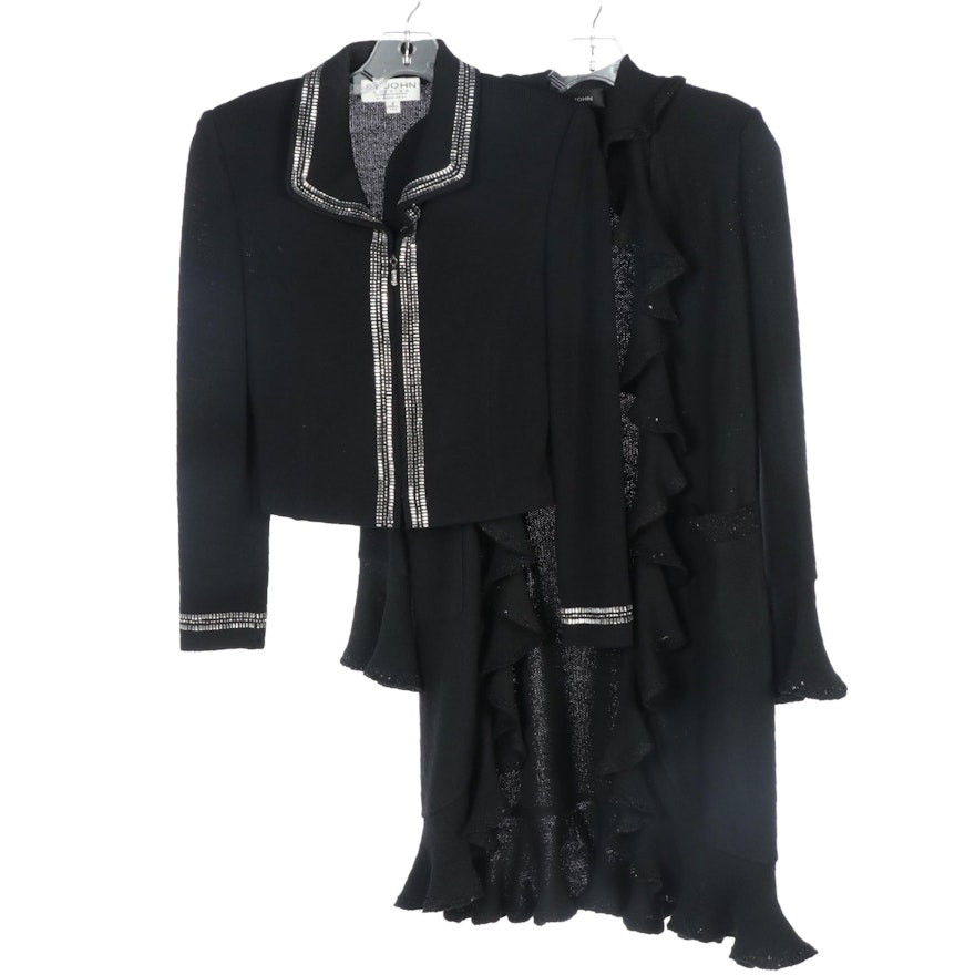 St. John Brand Black Embellished Jacket and Knit Ruffle Drape Open Front Sweater