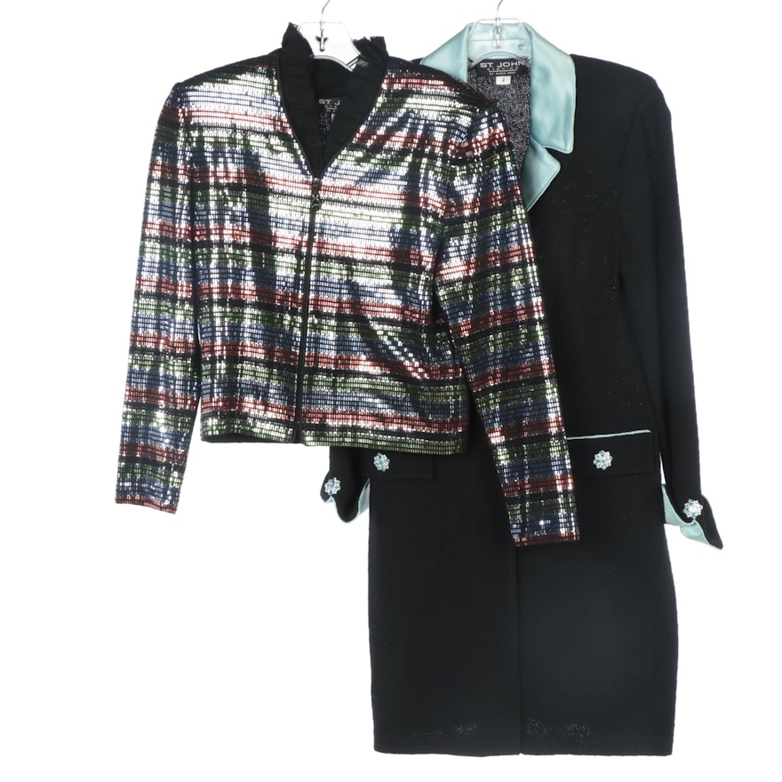 St. John Evening Embellished Jacket and Knit Coat with Satin Trim