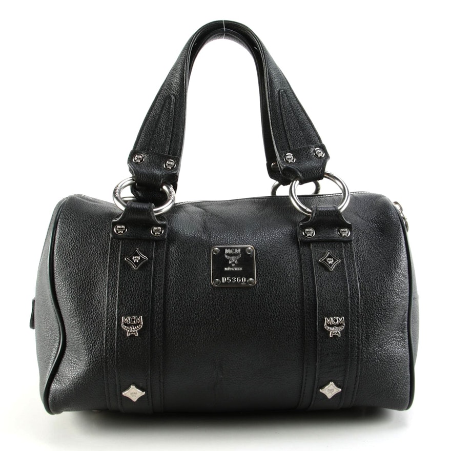 MCM Studded Alda Boston Satchel Bag in Black Grained Leather
