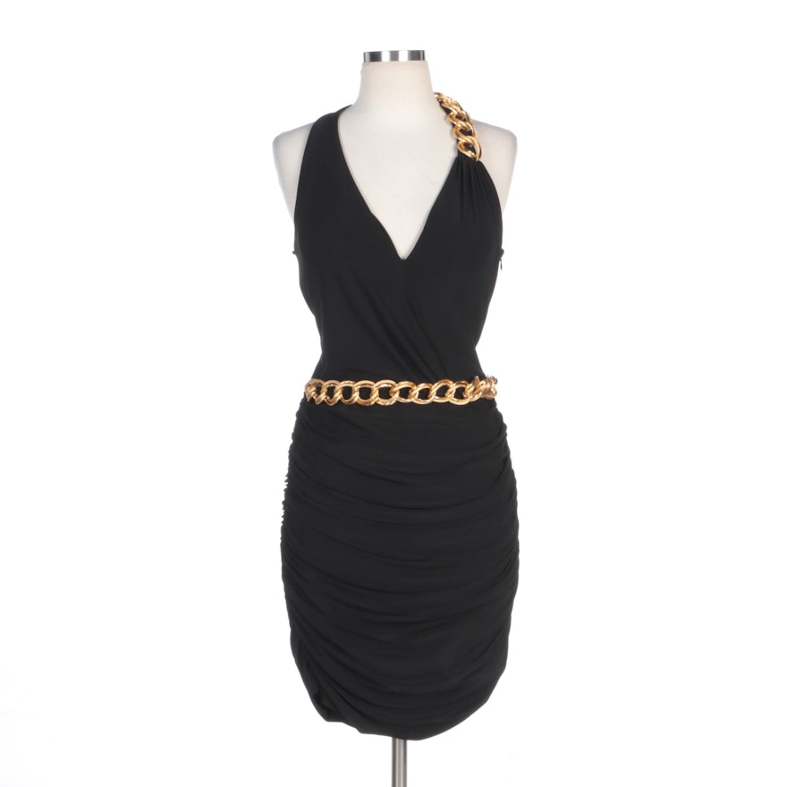 Alberto Makali Black Ruched Halter Dress with Chain Embellishment and Wrap