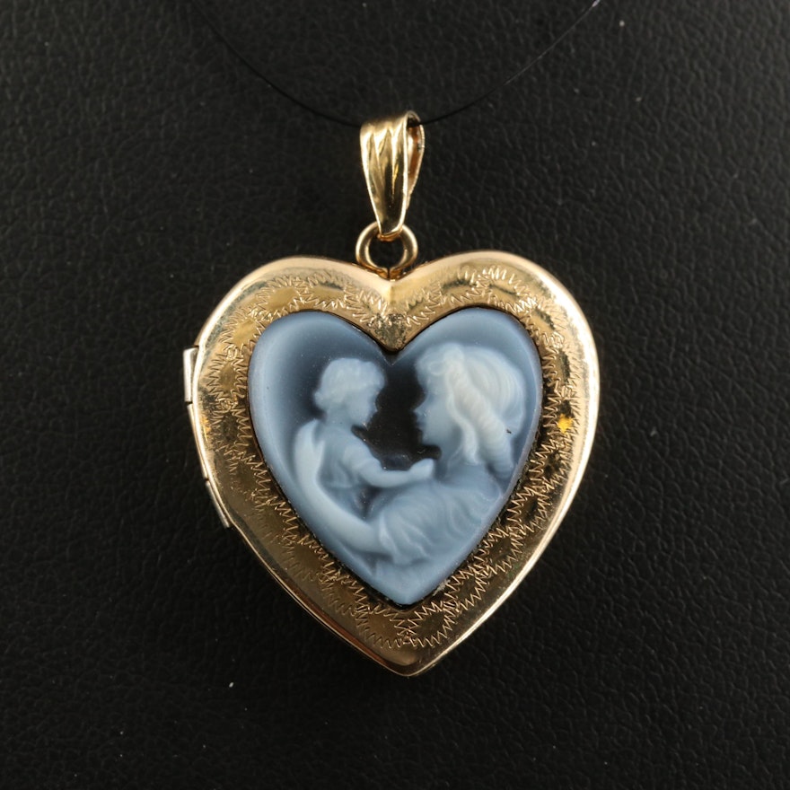 14K Carved Onyx Heart Locket with  Mother and Child