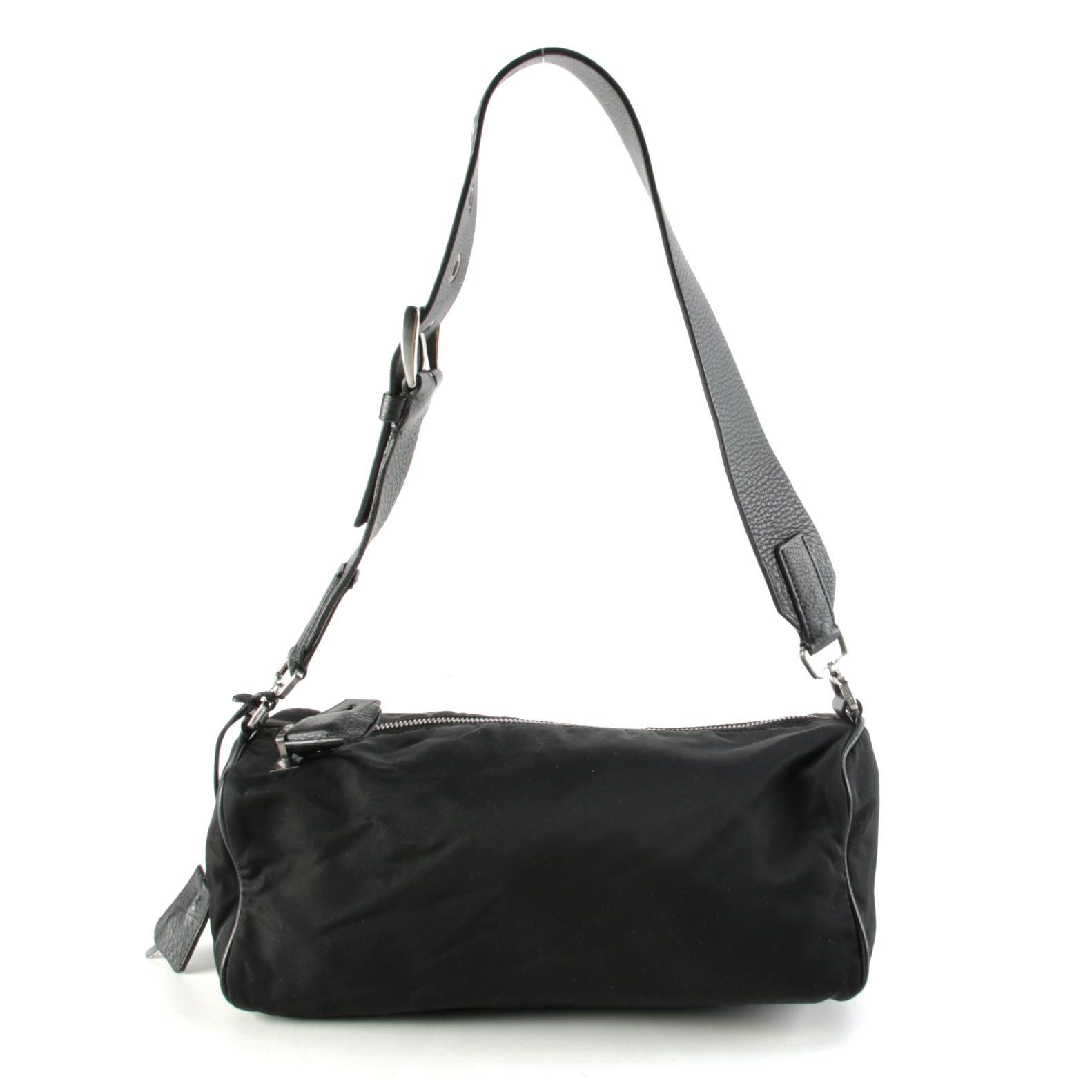 Prada Tessuto Nylon and Leather Buckle Strap Shoulder Bag in Black