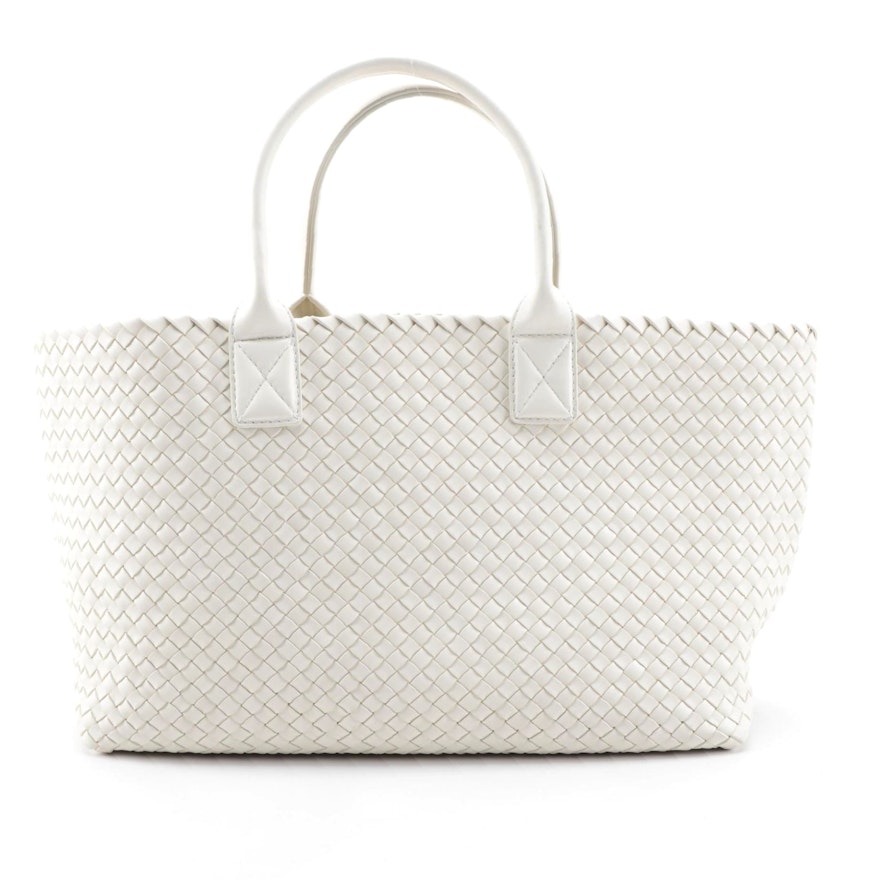 Bottega Veneta Cabat Intrecciato White Nappa Leather Tote with Zip Pouch