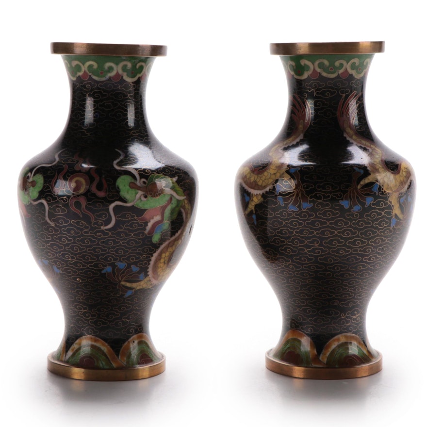 Pair of Chinese Black Dragon Motif Cloisonné Vases, Mid to Late 20th Century