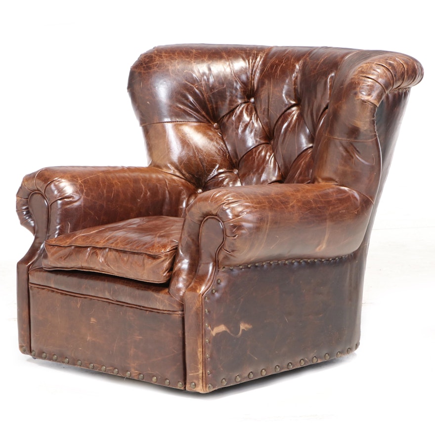 Restoration Hardware "Churchill" Leather Button Tufted Swivel Wingback Armchair