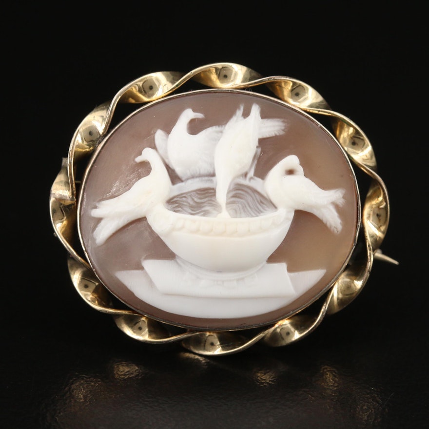 1900s 10K Pliny's Doves Shell Cameo Brooch