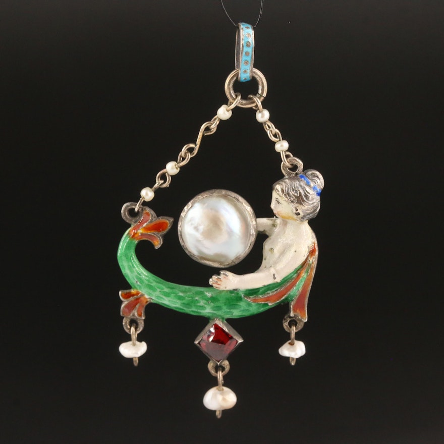 Antique 800 Silver Pearl, Garnet and Enamel Mermaid Pendant