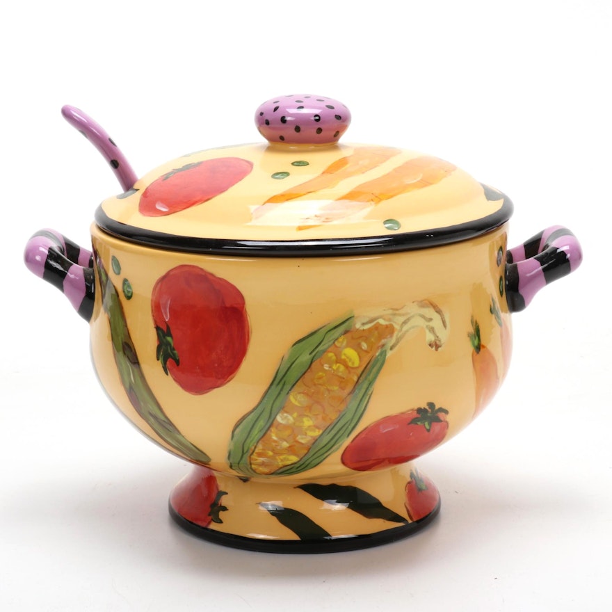 Droll Designs Hand-Painted Soup Tureen  with Matching Ladle, Late 20th Century