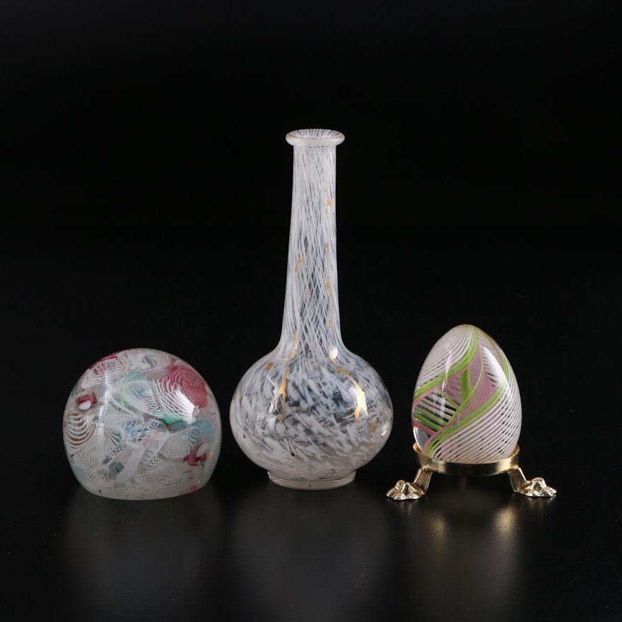 Murano Zanfirico Glass Egg, "Tutti Frutti" Paperweight and Blown Glass Bud Vase