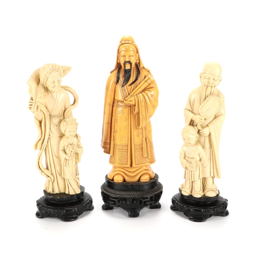 Traditional Chinese Carved Figurines on Black Wooden Bases